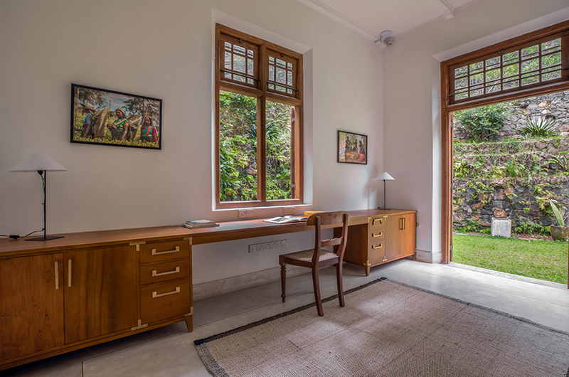 Long work desk in a quiet room at the villa