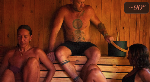 Wood fired sauna at around ninety degrees